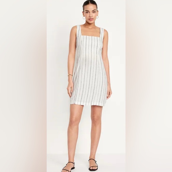 Old Navy Striped Linen Blend Square Neck Mini Dress in‎ Cream and Black - L - Picture 1 of 10